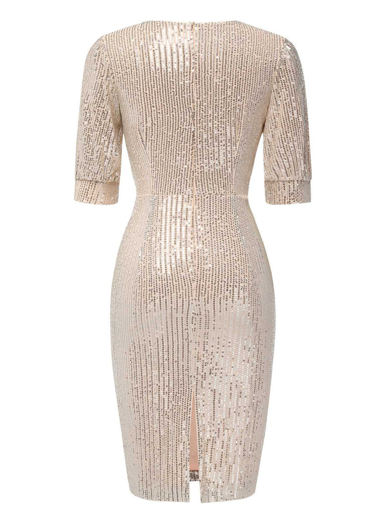 1960er V-Ausschnitt Pailletten Halbe Ärmel Bodycon Kleid