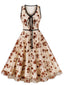 1950er Blumen Bogen V-Ausschnitt Gittergewebe Swing Kleid