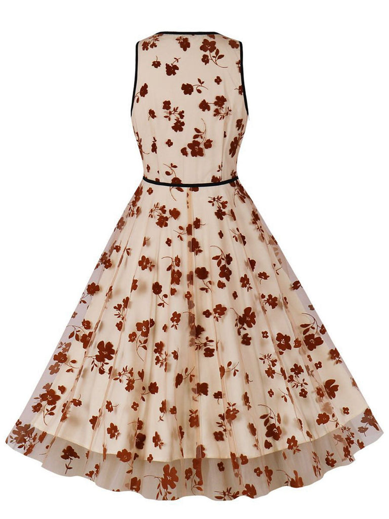 1950er Blumen Bogen V-Ausschnitt Gittergewebe Swing Kleid