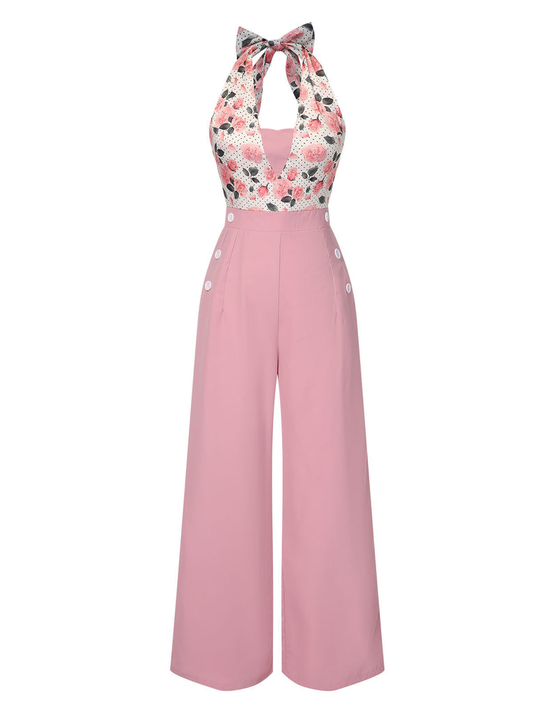 [Vorverkauf] Rosa 1950er Blumen Halfter Jumpsuit