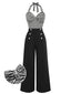 Schwarz 1960er Streifen Strick Patchwork Halter Jumpsuit