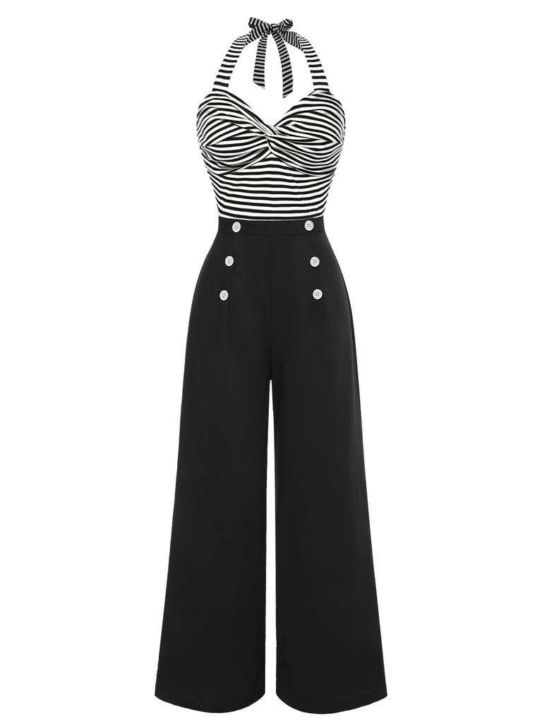 [Vorverkauf] Schwarz 1960er Streifen Strick Patchwork Halter Jumpsuit