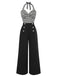 Schwarz 1960er Streifen Strick Patchwork Halter Jumpsuit