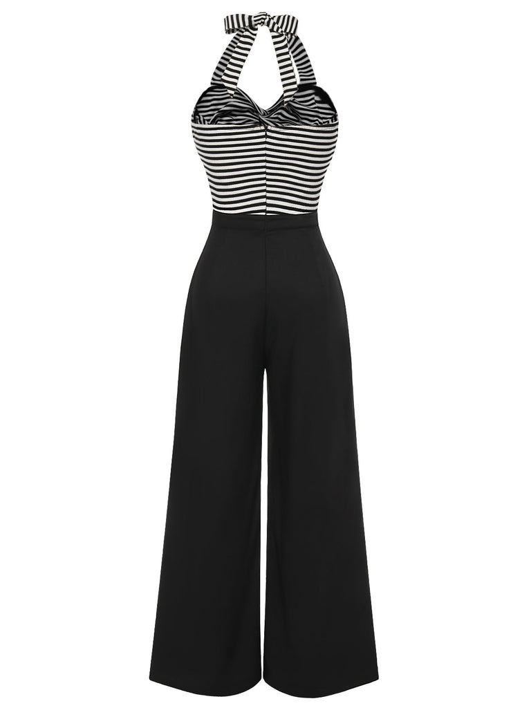 Schwarz 1960er Streifen Strick Patchwork Halter Jumpsuit