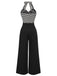 [Vorverkauf] Schwarz 1960er Streifen Strick Patchwork Halter Jumpsuit