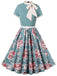 Grün 1950er Rose Patchwork Krawattenkragen Kleid