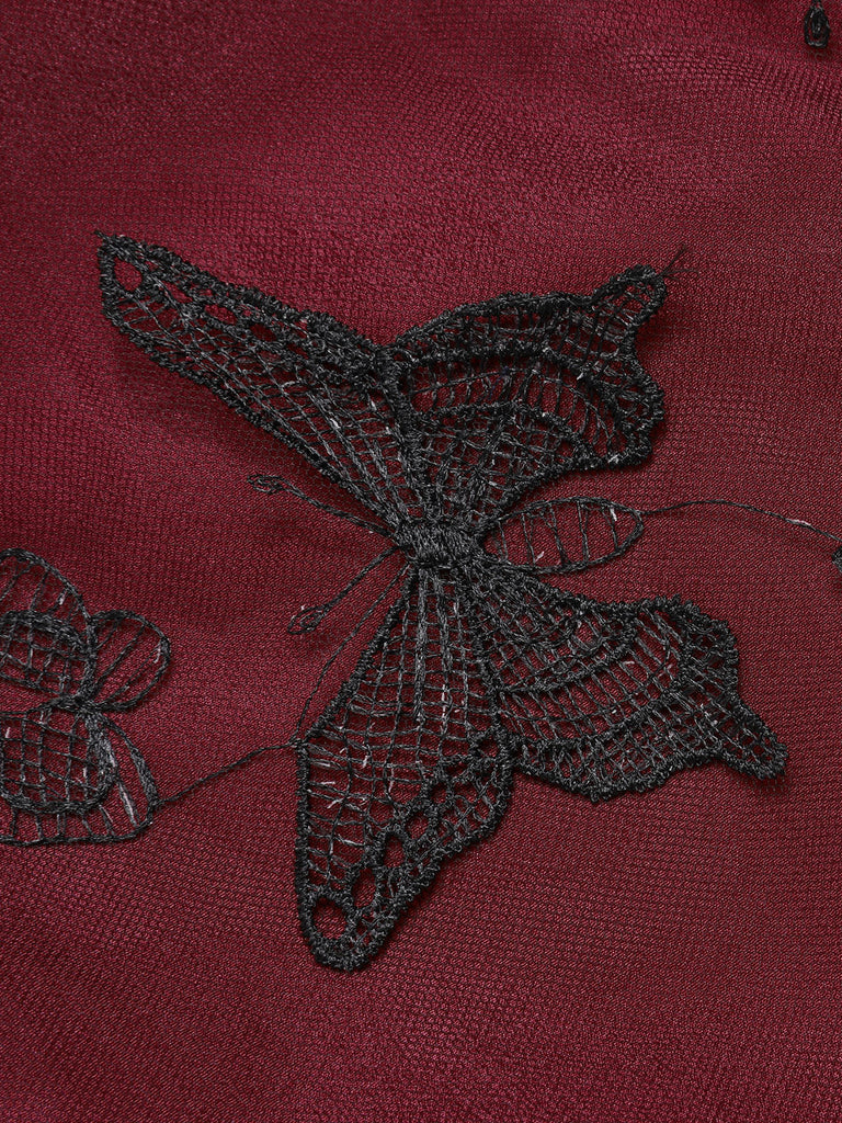 Tiefrot 1950er Maschen Schmetterling Ärmellos Kleid