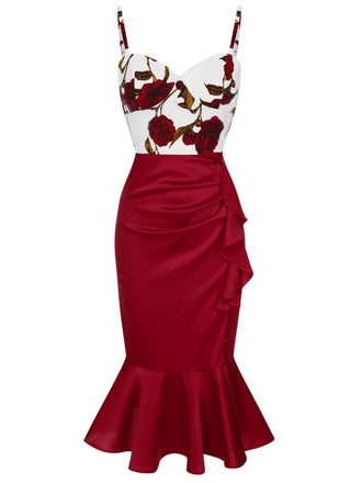 [Vorverkauf] Rot 1930er Spaghetti Träger Rose Meerjungfrauenkleid