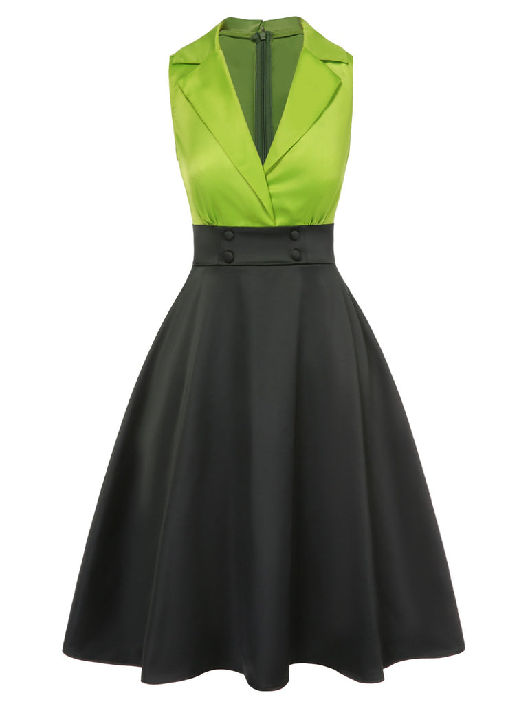 [Vorverkauf] Grün 1950er Satin Revers Patchwork Kleid