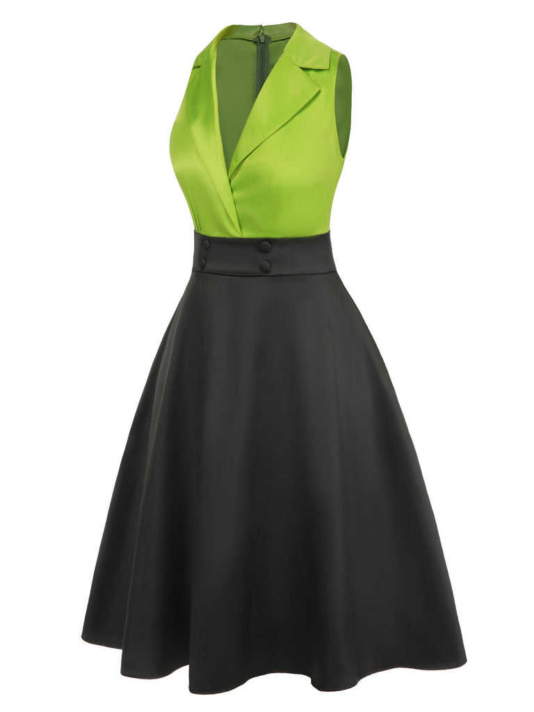 [Vorverkauf] Grün 1950er Satin Revers Patchwork Kleid