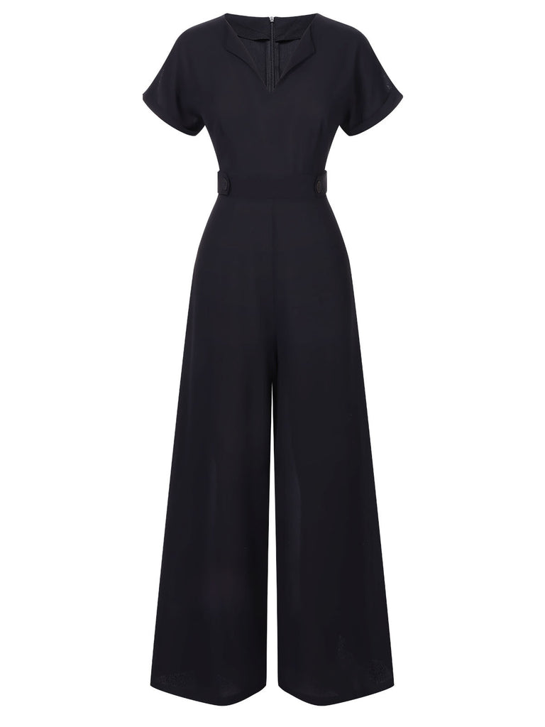 Schwarz 1930er Solide V-Ausschnitt Jumpsuit