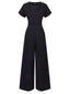 Schwarz 1930er Solide V-Ausschnitt Jumpsuit