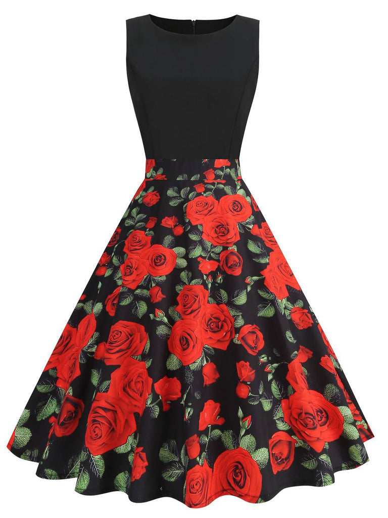 Rot 1950er Rosen Patchwork Swing Kleid