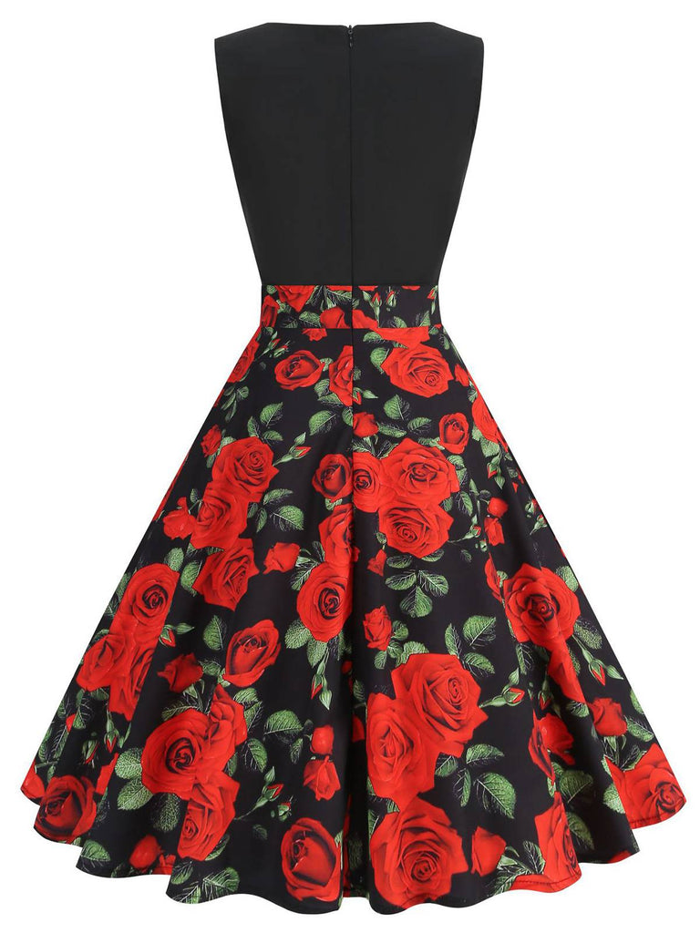 Rot 1950er Rosen Patchwork Swing Kleid