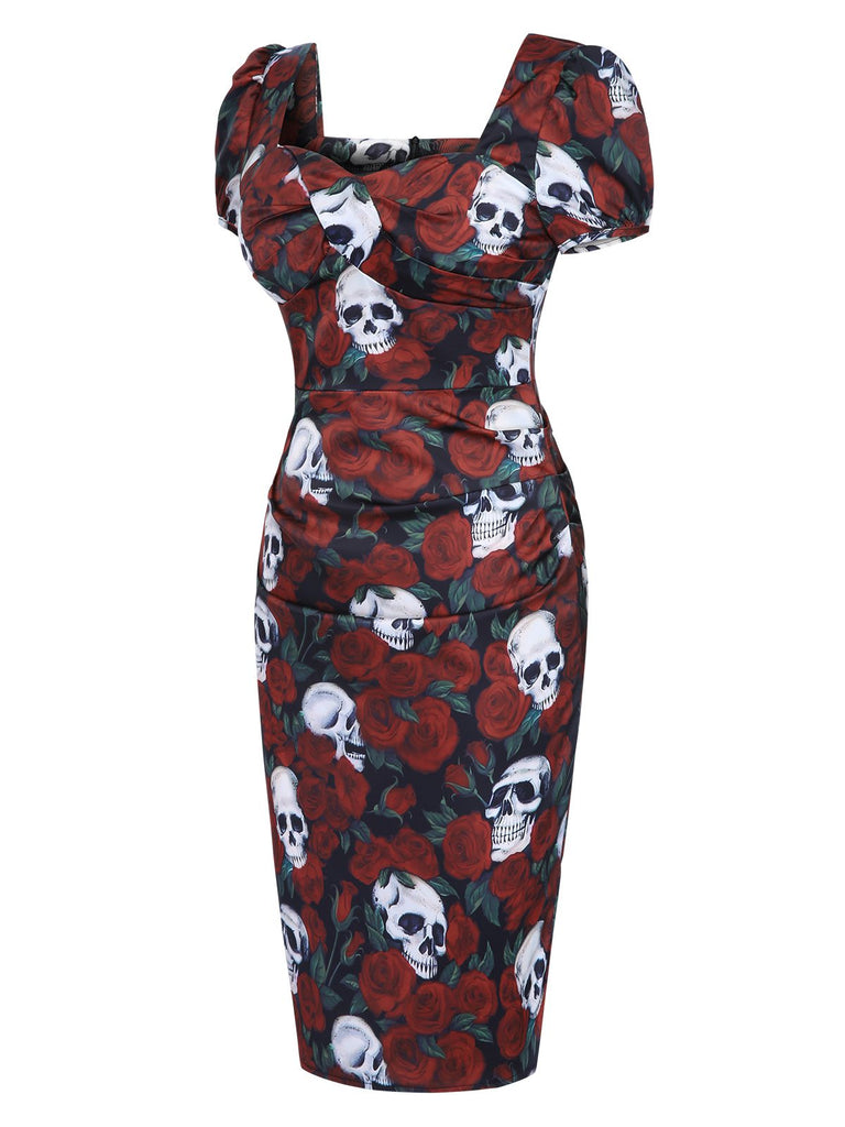 Rot 1960er Rose Totenkopf Quadratischer Hals Bleistift Kleid