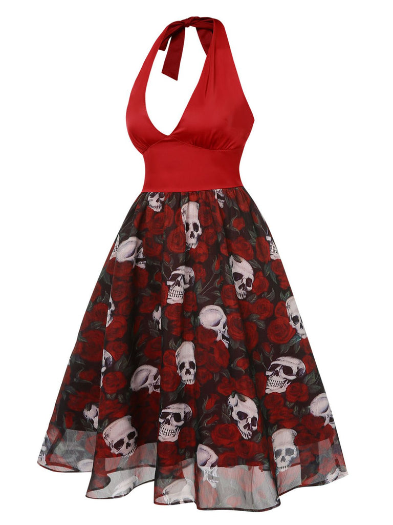 Weinrot 1950er Halter Halloween Roses Skeleton Masche Kleid