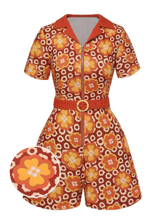 Orange 1960er Cartoon Blumen Revers Romper