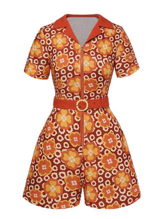 Orange 1960er Cartoon Blumen Revers Romper