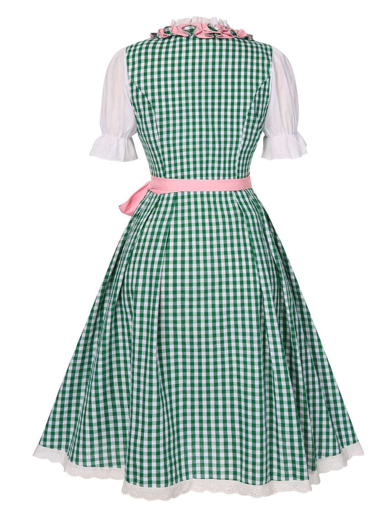 2PCS 1950er Oktoberfest Weiß Top & Grün Plaid Kleid & Rosa Schürze