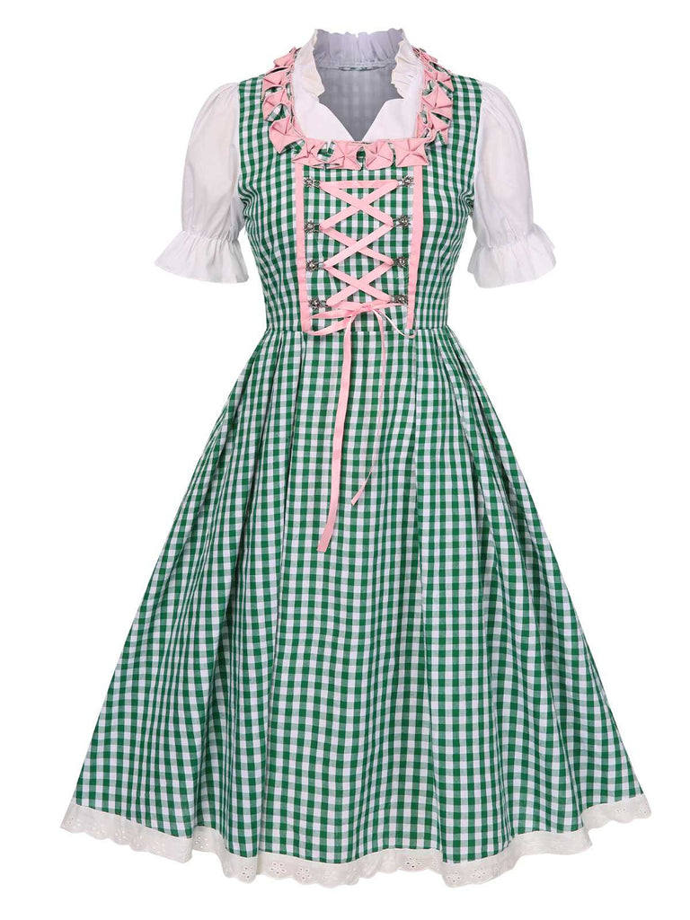 2PCS 1950er Oktoberfest Weiß Top & Grün Plaid Kleid & Rosa Schürze