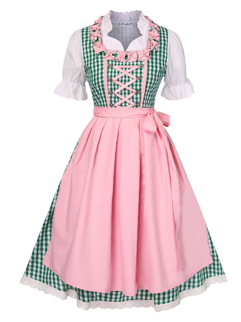 2PCS 1950er Oktoberfest Weiß Top & Grün Plaid Kleid & Rosa Schürze