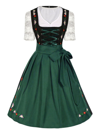 2PCS 1950er Oktoberfest Dirndl Weiß Top & Schwarz Kleid & Grün Schürze