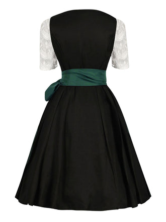 2PCS 1950er Oktoberfest Dirndl Weiß Top & Schwarz Kleid & Grün Schürze