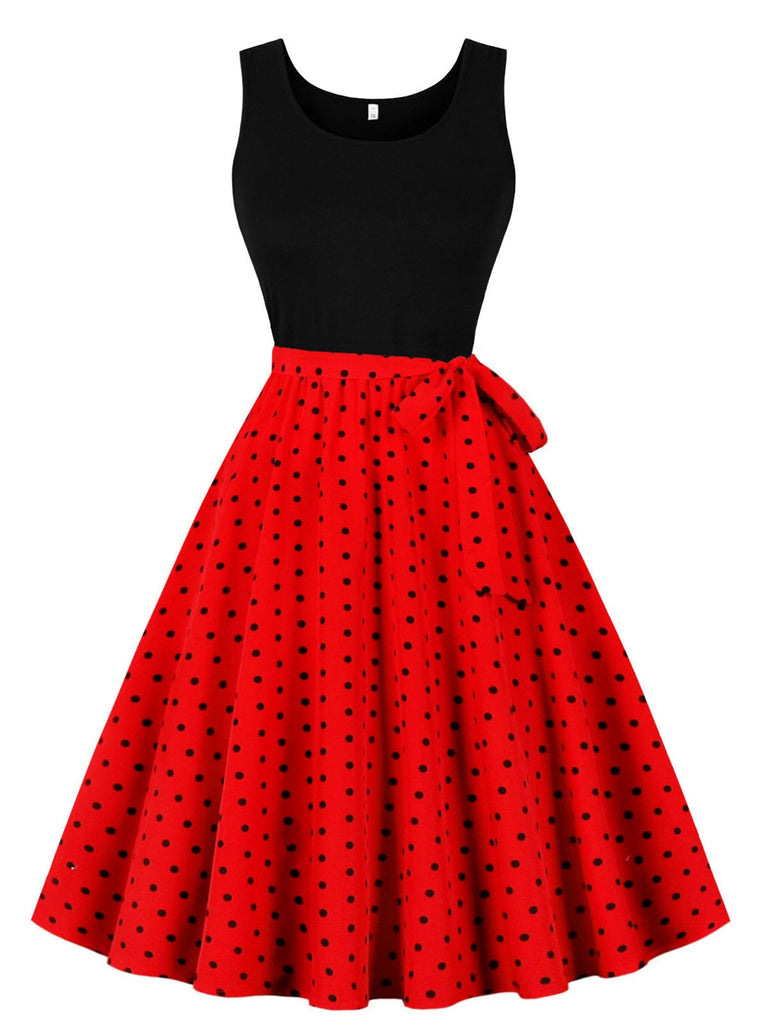 Rot 1950er Polka Dots Patchwork Kleid mit Gürtel