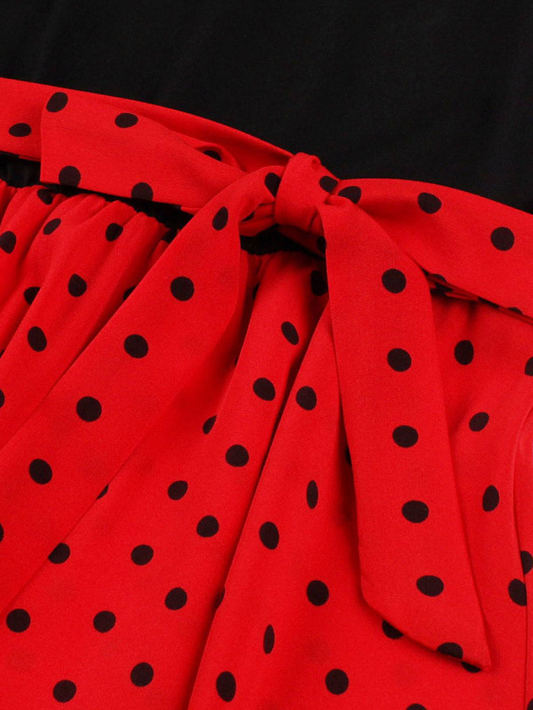 Rot 1950er Polka Dots Patchwork Kleid mit Gürtel