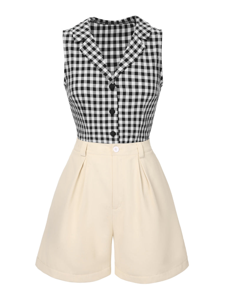 [Vorverkauf] 2PCS 1940er Revers Gingham Top & Solide Shorts