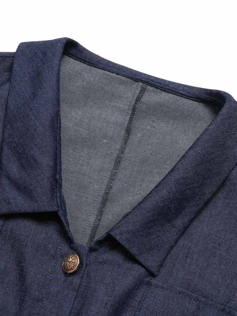 [Vorverkauf] 2PCS Blau 1940er Solide Revers Bluse & Gürtel Rock