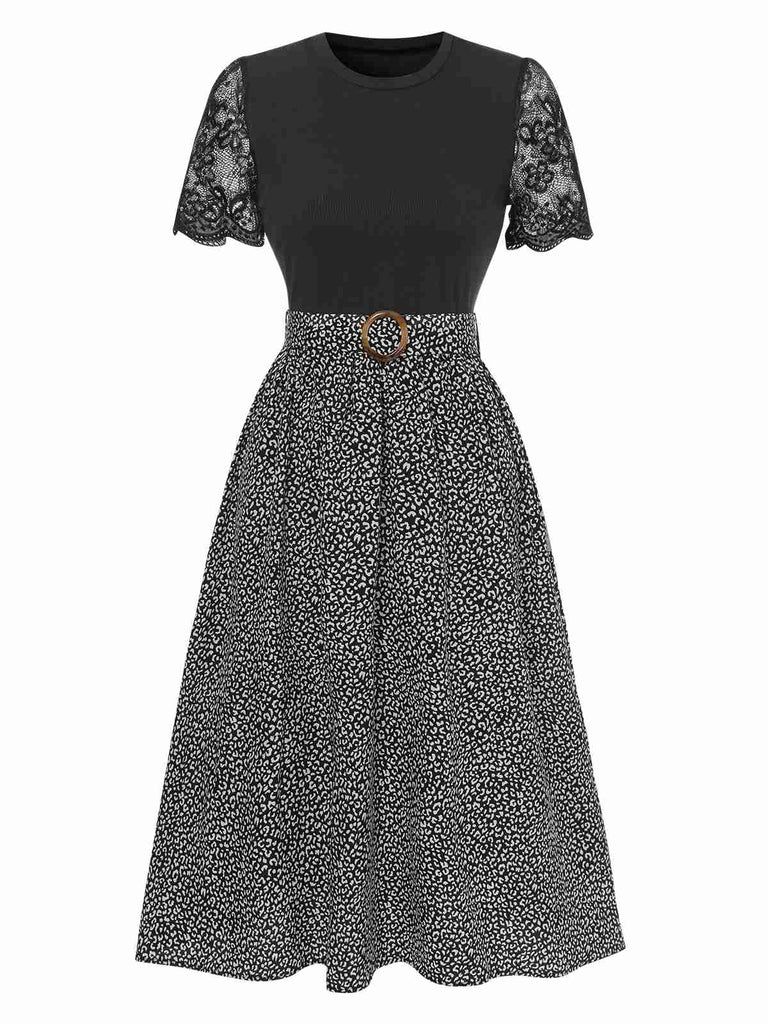 Schwarz 1940er Spitze Patchwork Kleid