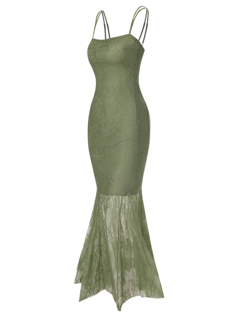 Grün 1930er Spaghetti Träger Spitze Solide Mermaid Kleid