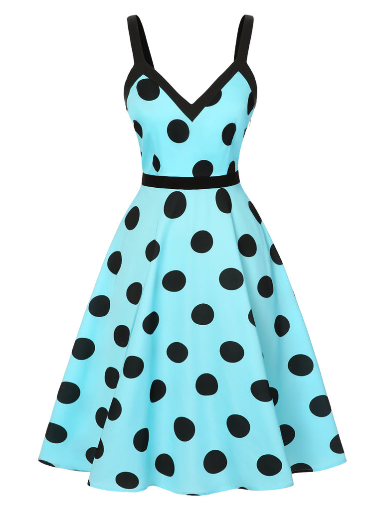 [Vorverkauf] Blau 1950er Polka Dots Tief V-Ausschnitt Bogen Kleid