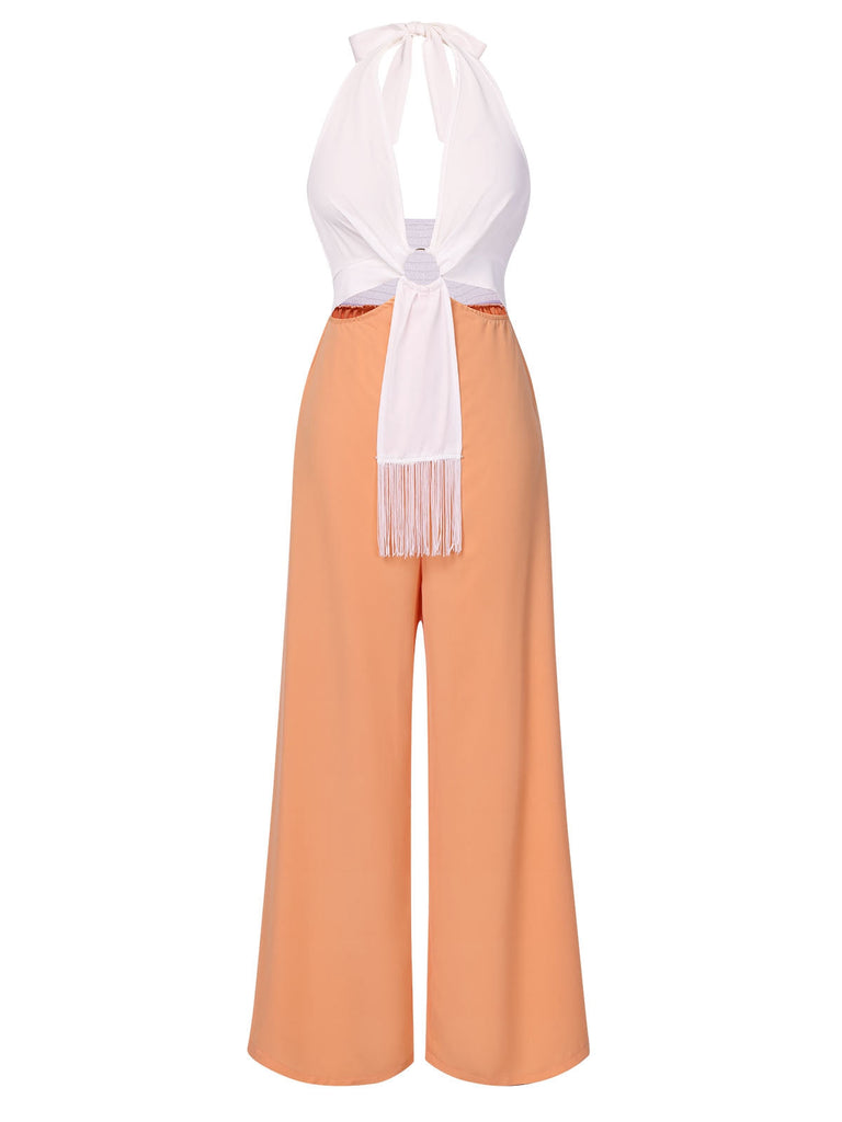 Orange 1930er Farbblock Tiefer V-Ausschnitt Neckholder Jumpsuit