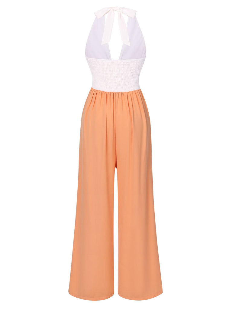 Orange 1930er Farbblock Tiefer V-Ausschnitt Neckholder Jumpsuit