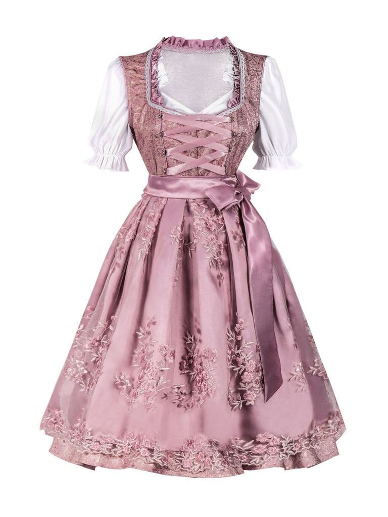 2PCS Rosa 1950 Oktoberfest Besticktes Puffärmel Kleid Set