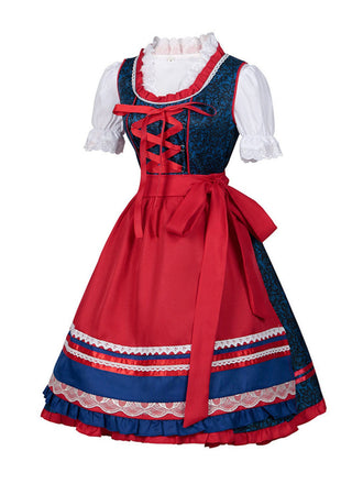 2PCS Blau 1950er Oktoberfest Dirndl Kleid & Rot Schürze