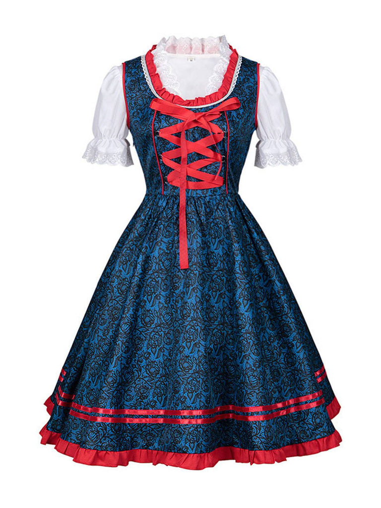 2PCS Blau 1950er Oktoberfest Bayerischer Karneval Kleid & Rot Schürze