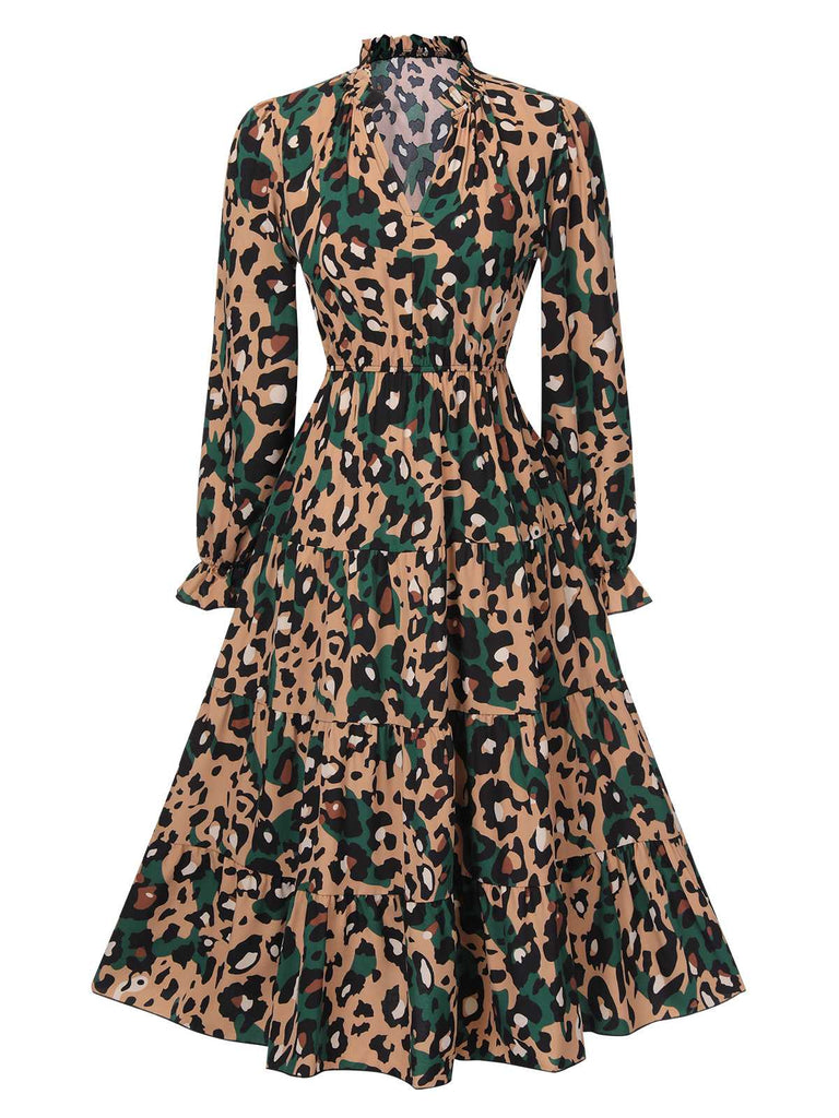 Multicolor 1940er Leopard V-Ausschnitt Lagenkleid