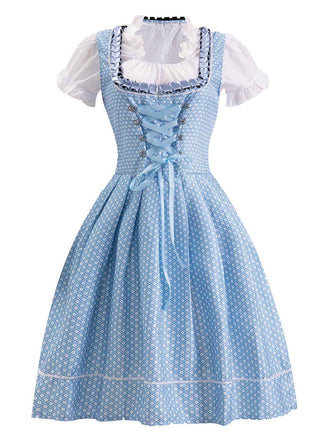 Blau 1950er Oktoberfest Dirndl Spitze Patchwork Kleid Set