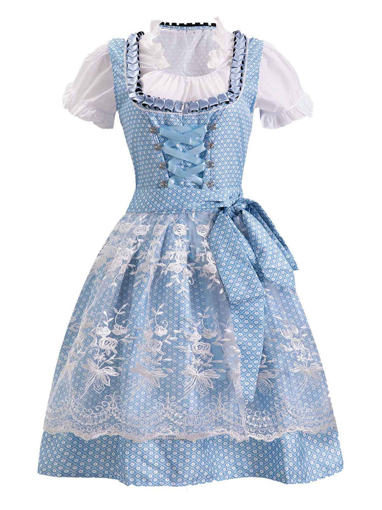 Blau 1950er Oktoberfest Spitze Patchwork Kleid Set