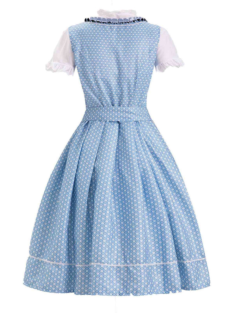 Blau 1950er Oktoberfest Spitze Patchwork Kleid Set
