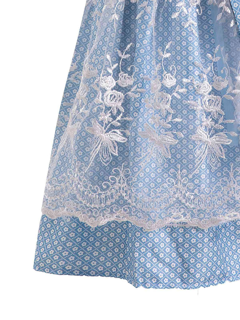 Blau 1950er Oktoberfest Spitze Patchwork Kleid Set