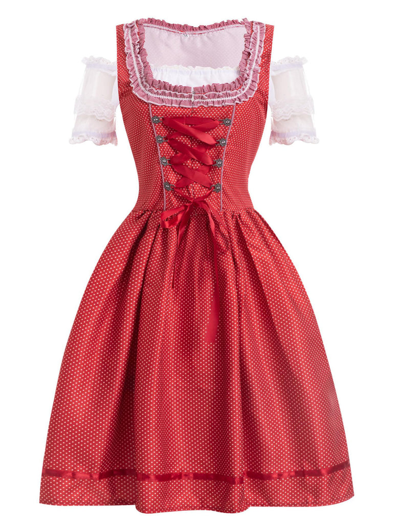 Rot 1950er Spitze Puffärmel Patchwork Kleid & Gingham Schürze