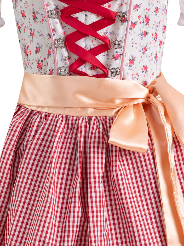 Rosa 1950er Blümchen Spitze Kleid & Gingham Schürze