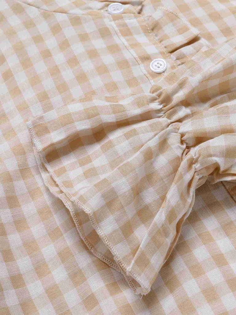 1960er Falten Ausgestellte Manschette Gingham Plaid Bluse