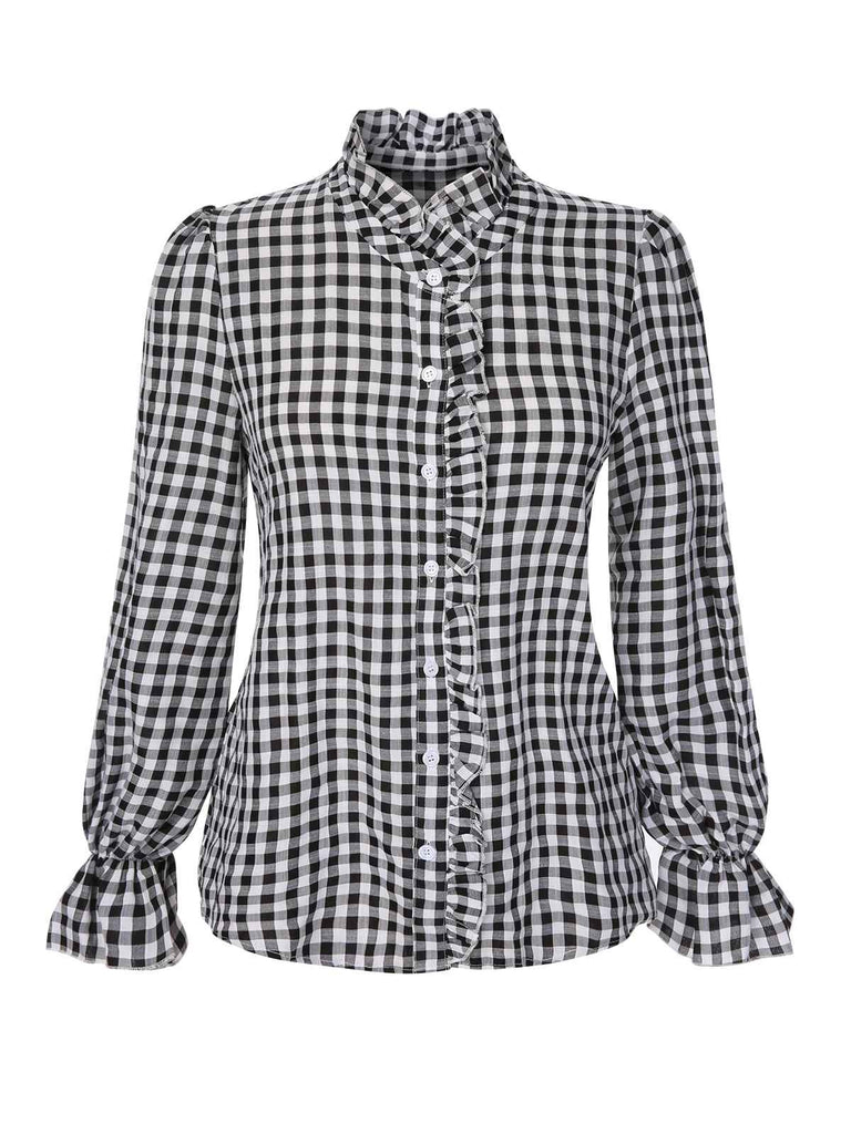 1960er Falten Ausgestellte Manschette Gingham Plaid Bluse