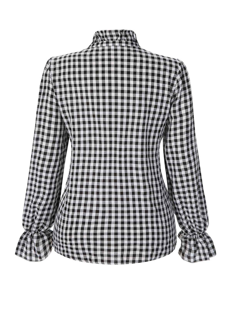 1960er Falten Ausgestellte Manschette Gingham Plaid Bluse