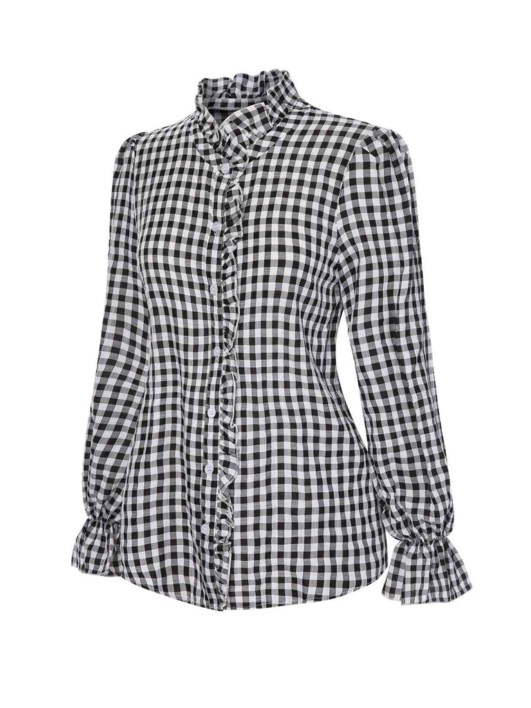 1960er Falten Ausgestellte Manschette Gingham Plaid Bluse